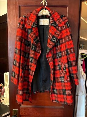 Pendleton Red and Black Plaid Wool Pea Coat